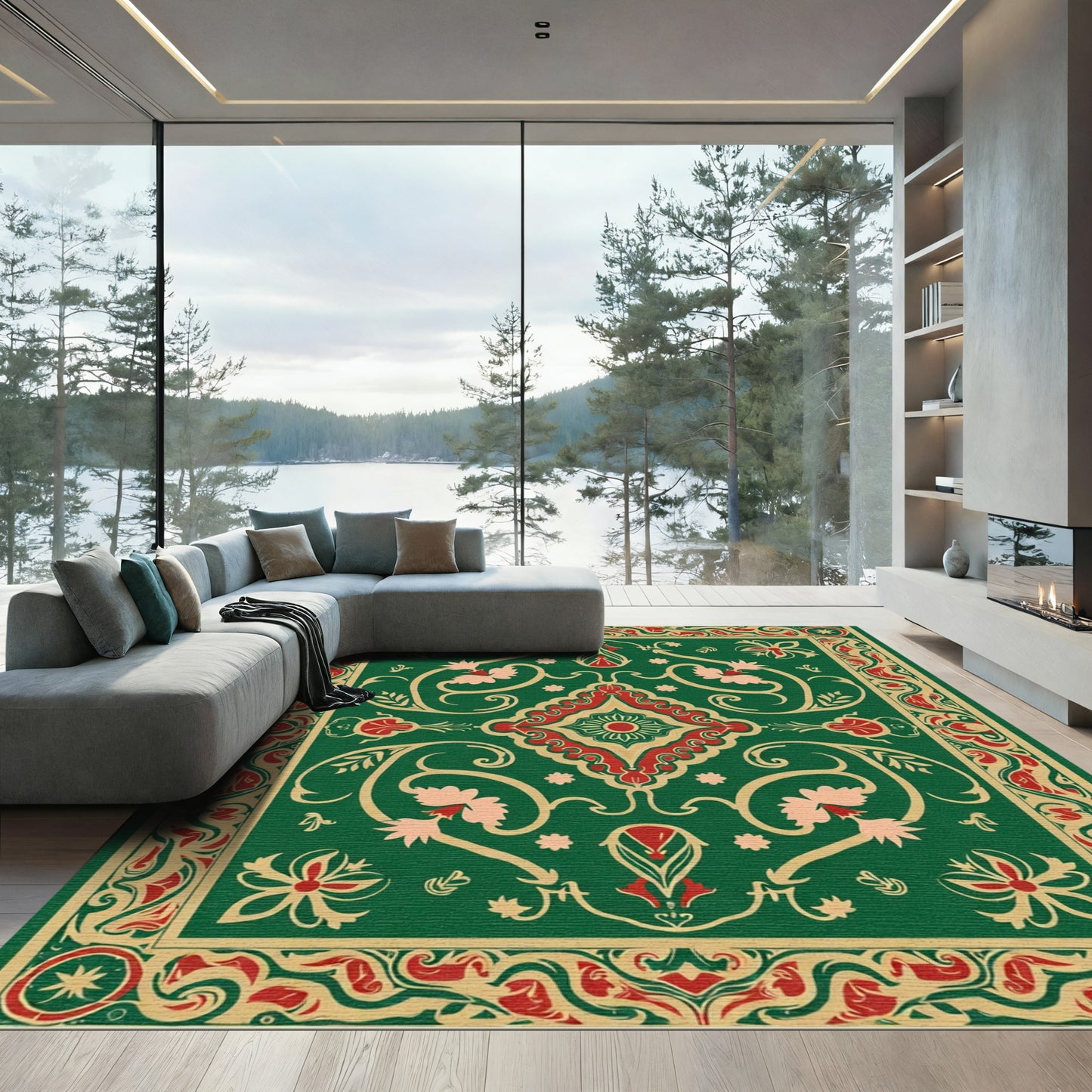 Ornate Green Red Foliage Medallion Rug