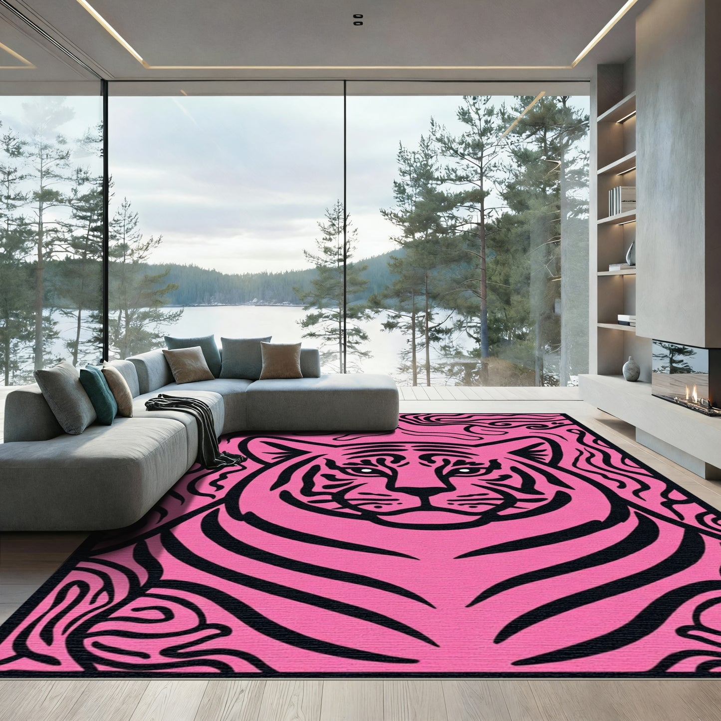 Bold Pink Black Tiger Face Rug