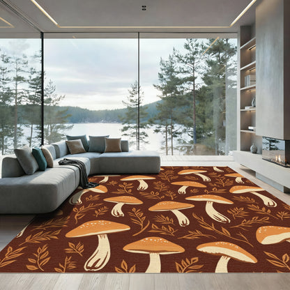 Earthy Brown Mushroom Leafy Pattern Rug
