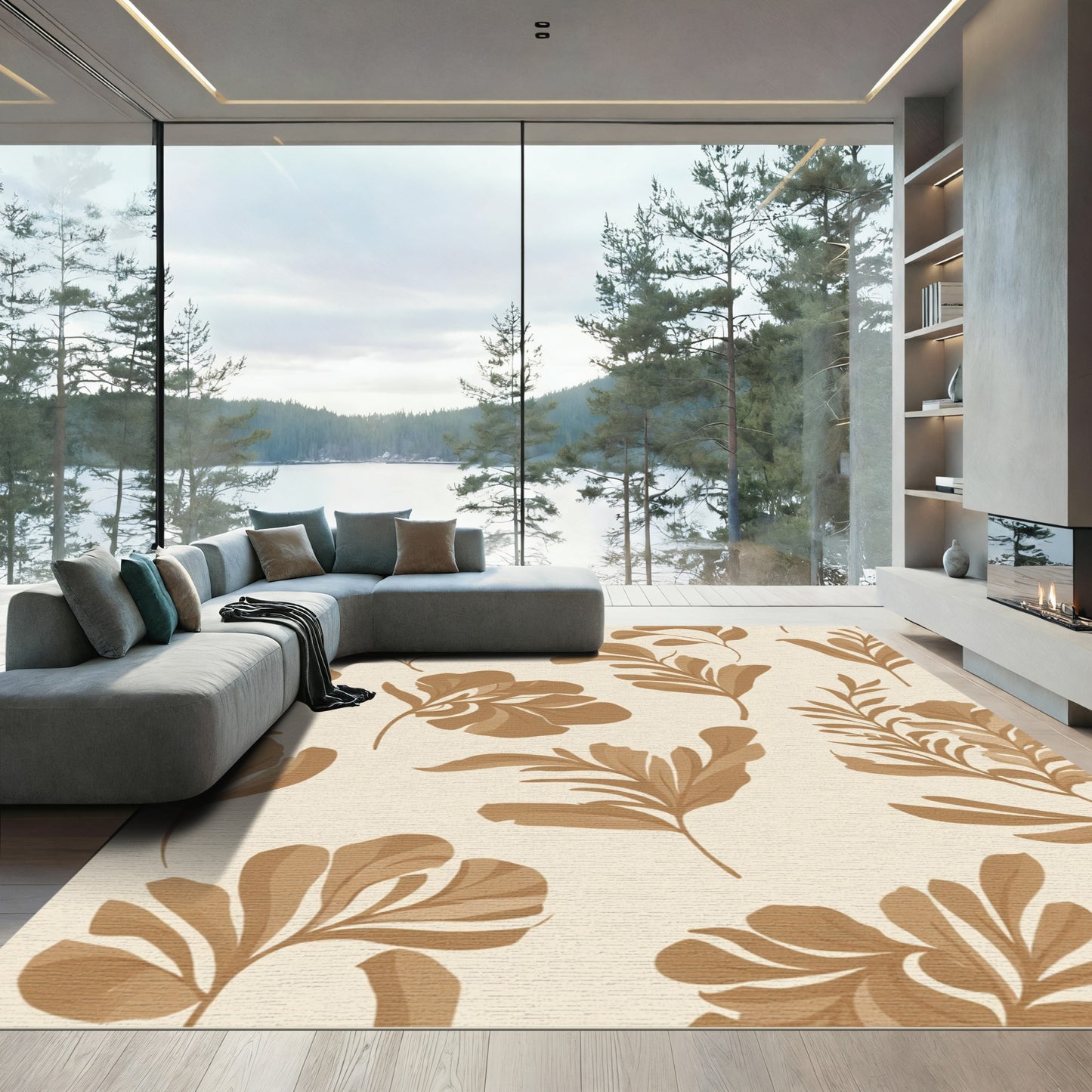 Earthy Tan Leafy Branches Rug
