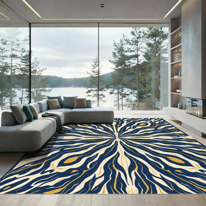 Abstract Blue Gold Symmetrical Bloom Rug