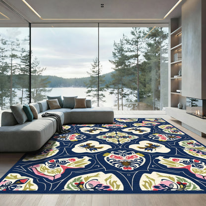 Deep Blue Floral Bee Medallion Rug