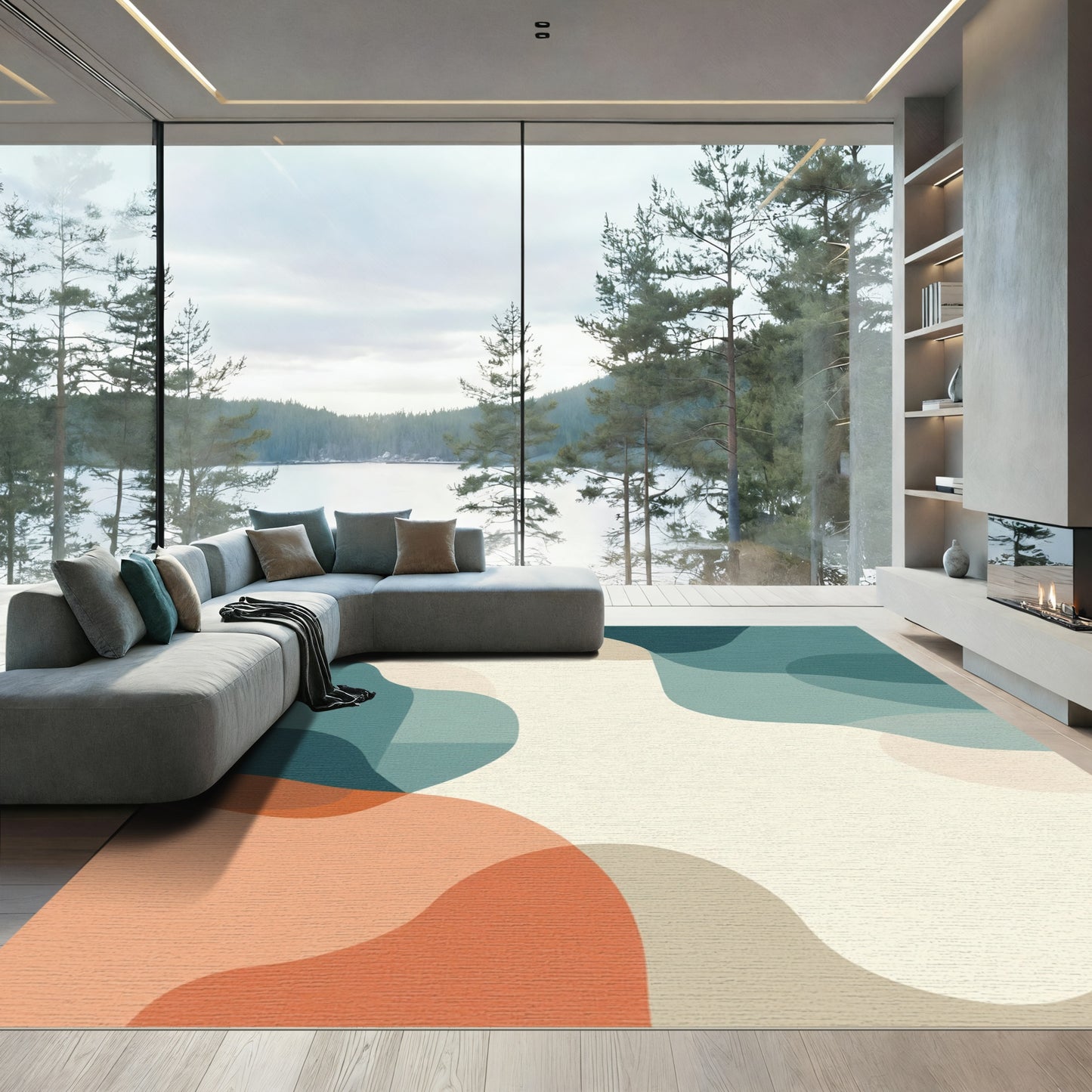 Teal Orange Abstract Blended Forms Rug