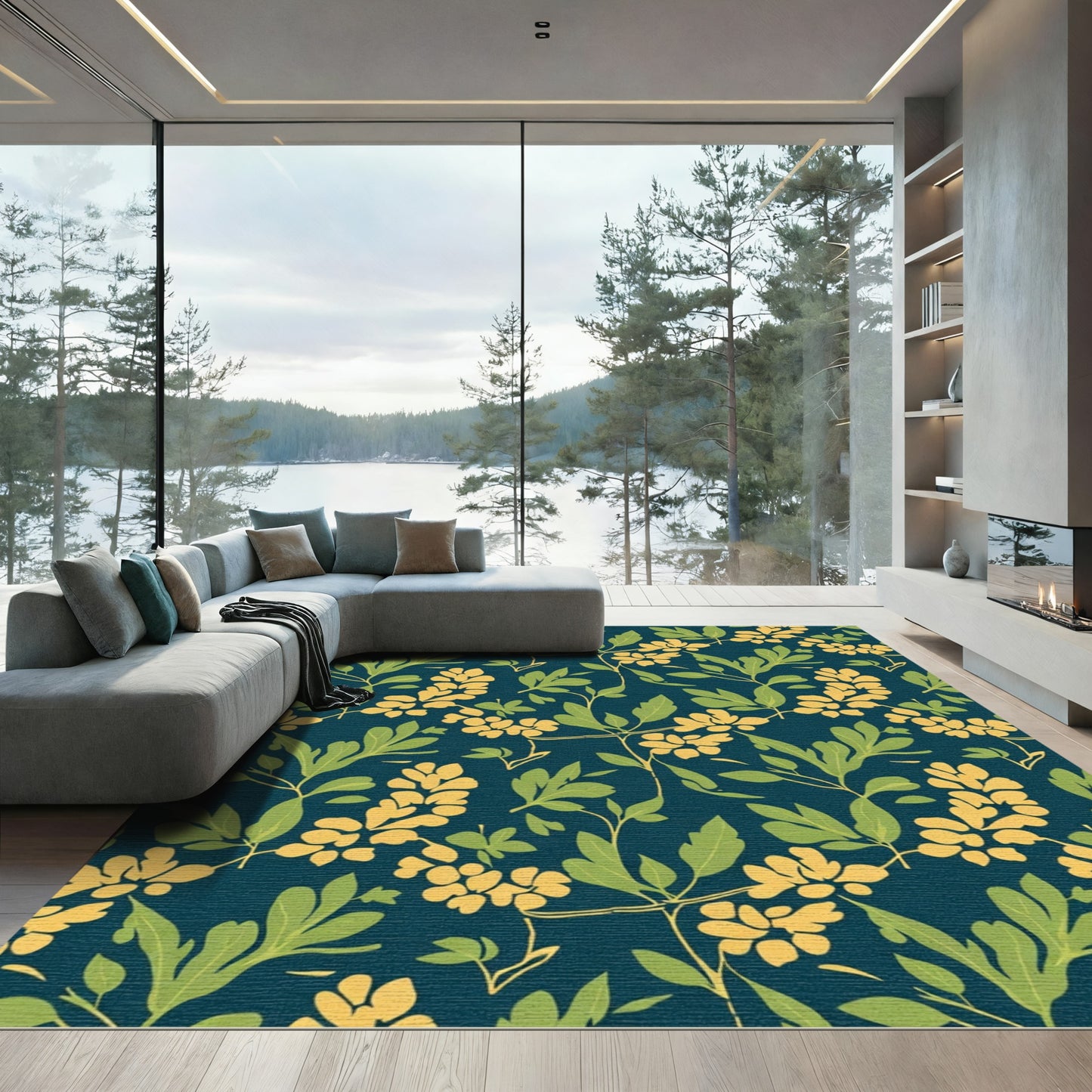 Deep Blue Floral Vine Garden Rug