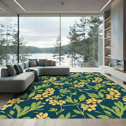 Deep Blue Floral Vine Garden Rug