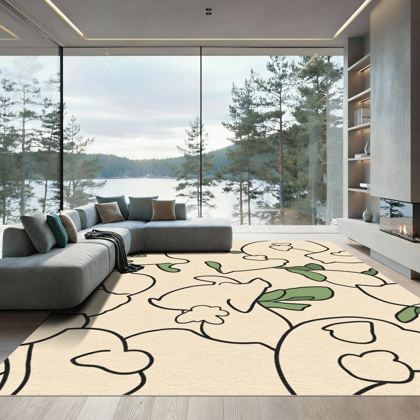 Cream Green Abstract Organic Bloom Rug