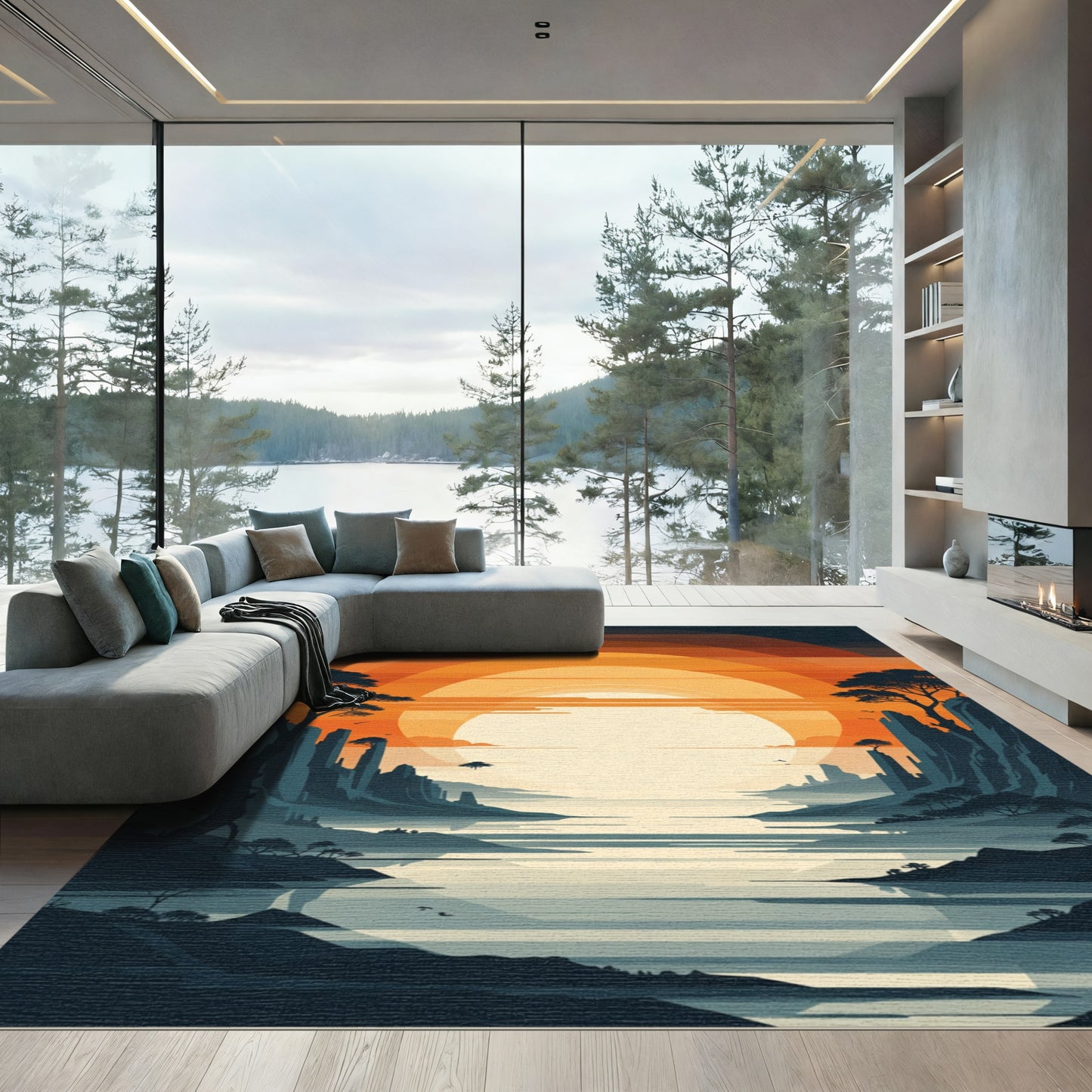 Orange Sun Mountain Landscape Rug