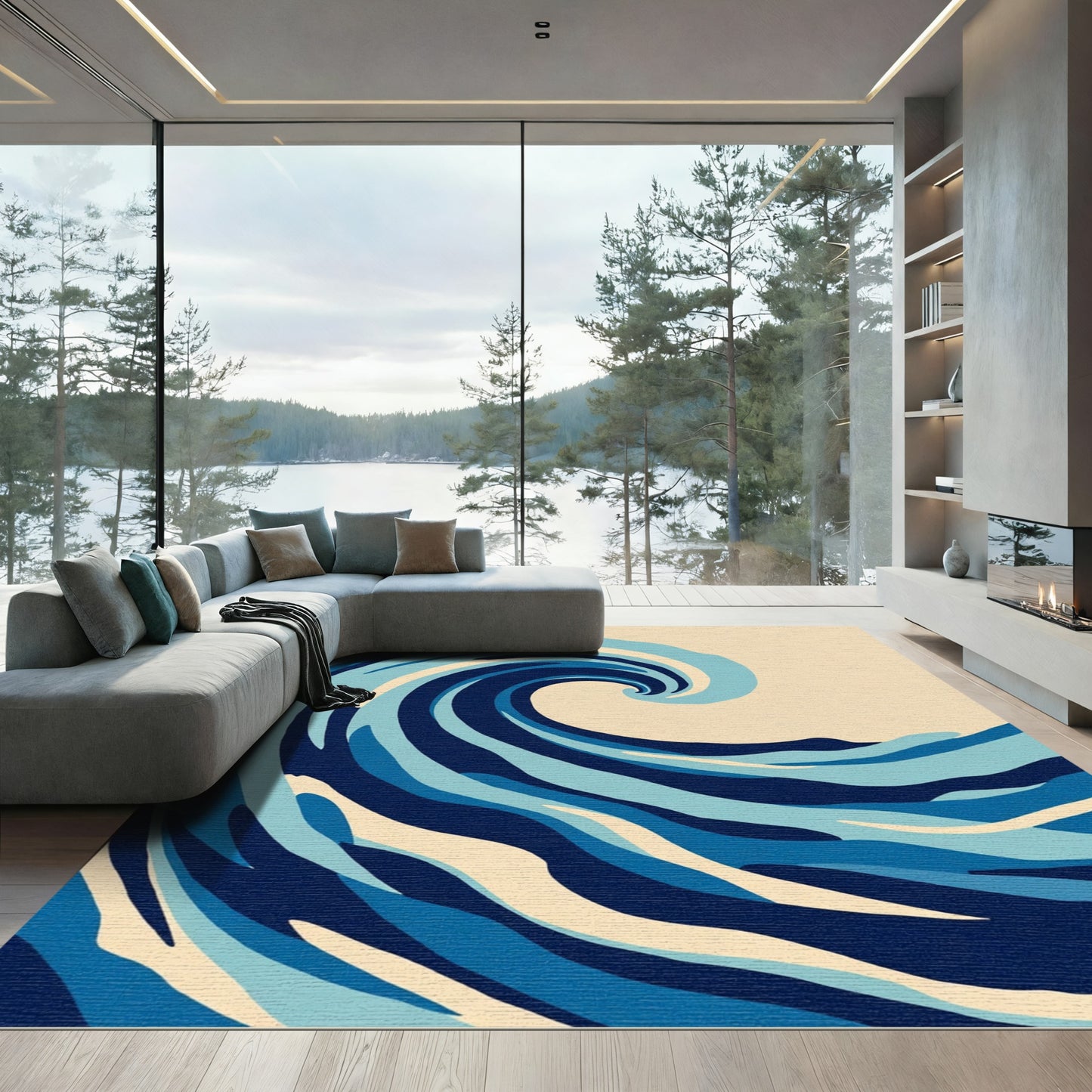 Deep Blue Swirling Ocean Wave Rug
