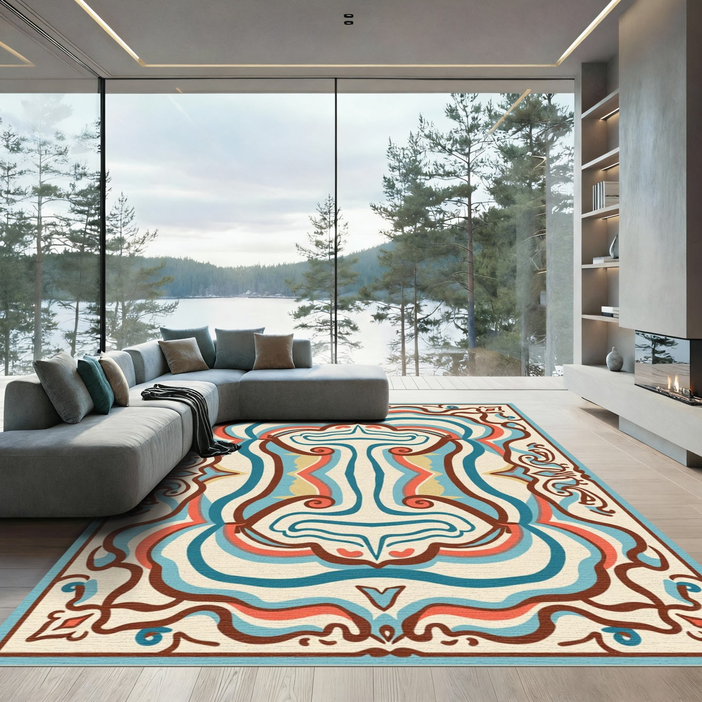 Retro Blue Coral Swirl Medallion Rug