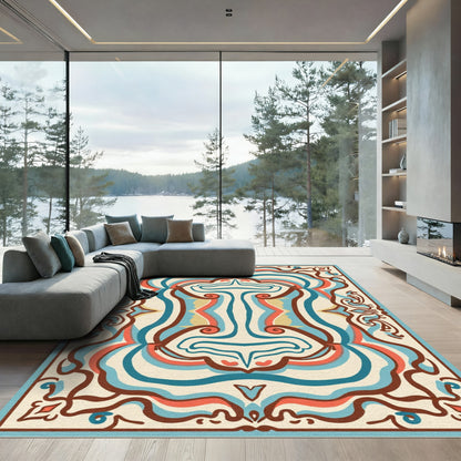 Retro Blue Coral Swirl Medallion Rug