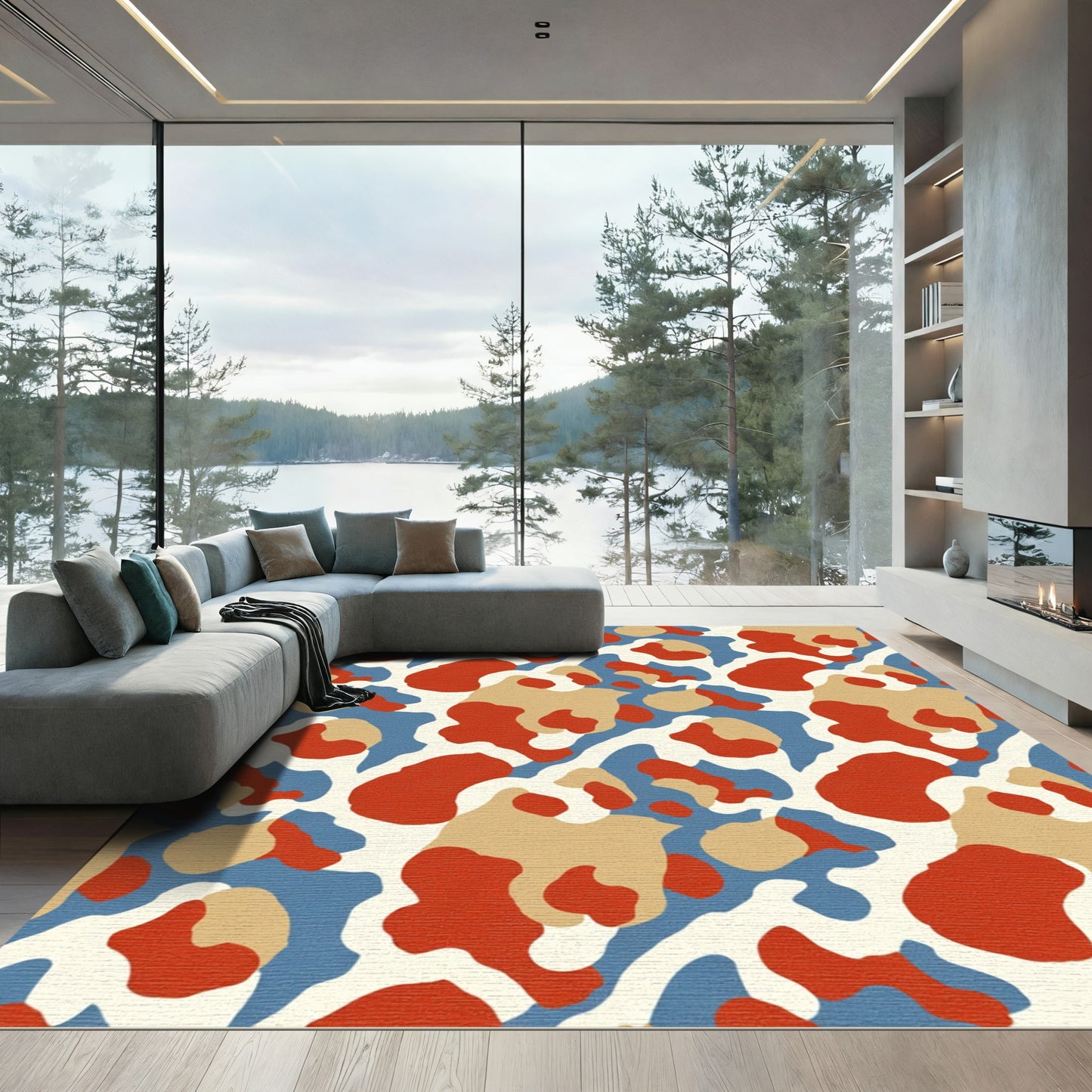 Abstract Red Tan Blue Organic Flow Rug