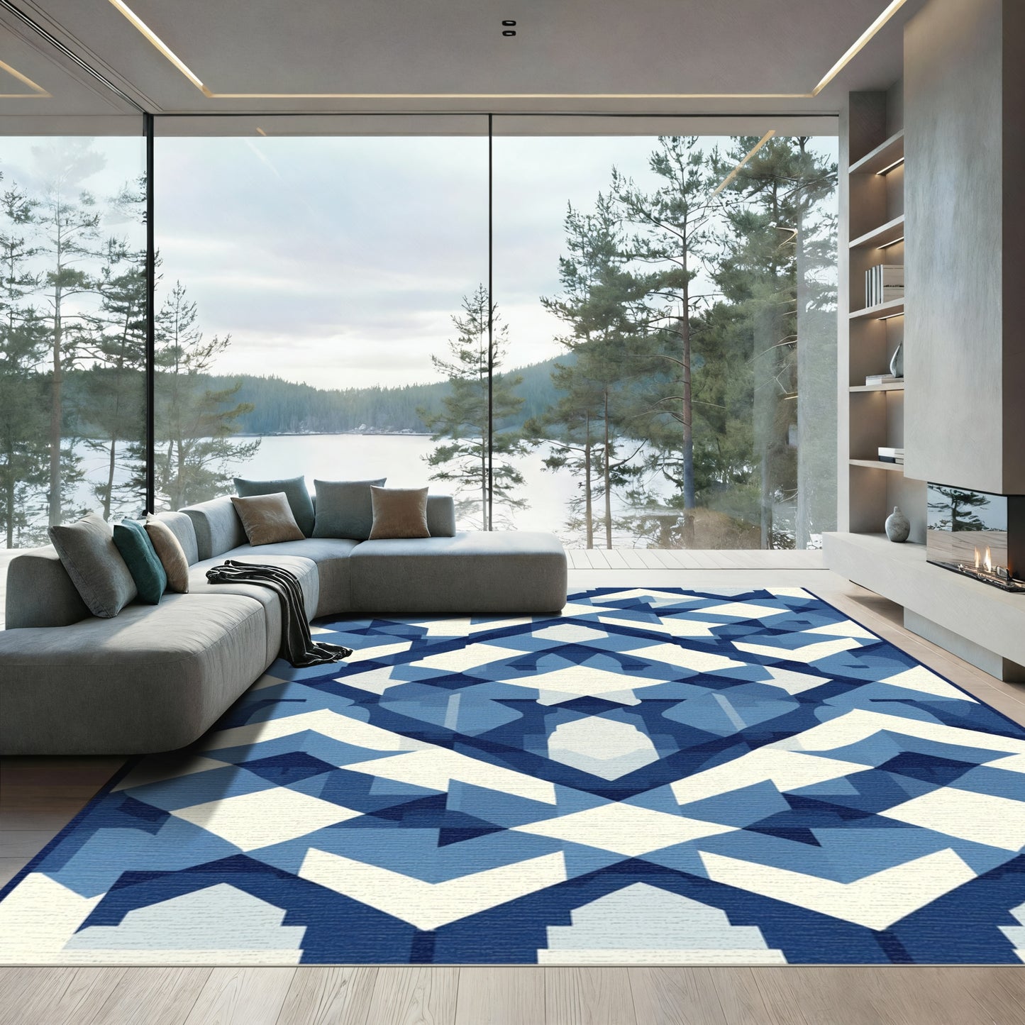 Indigo Blue Geometric Diamond Layer Rug