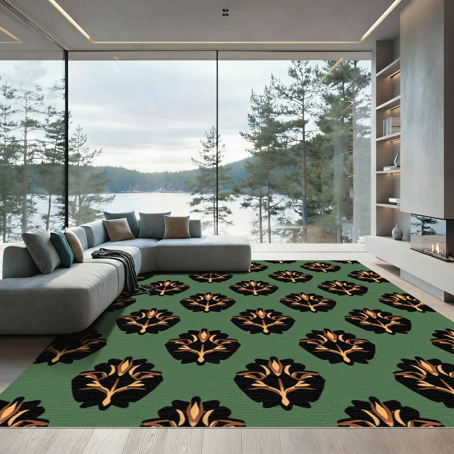 Deep Green Black Gold Floral Damask Rug