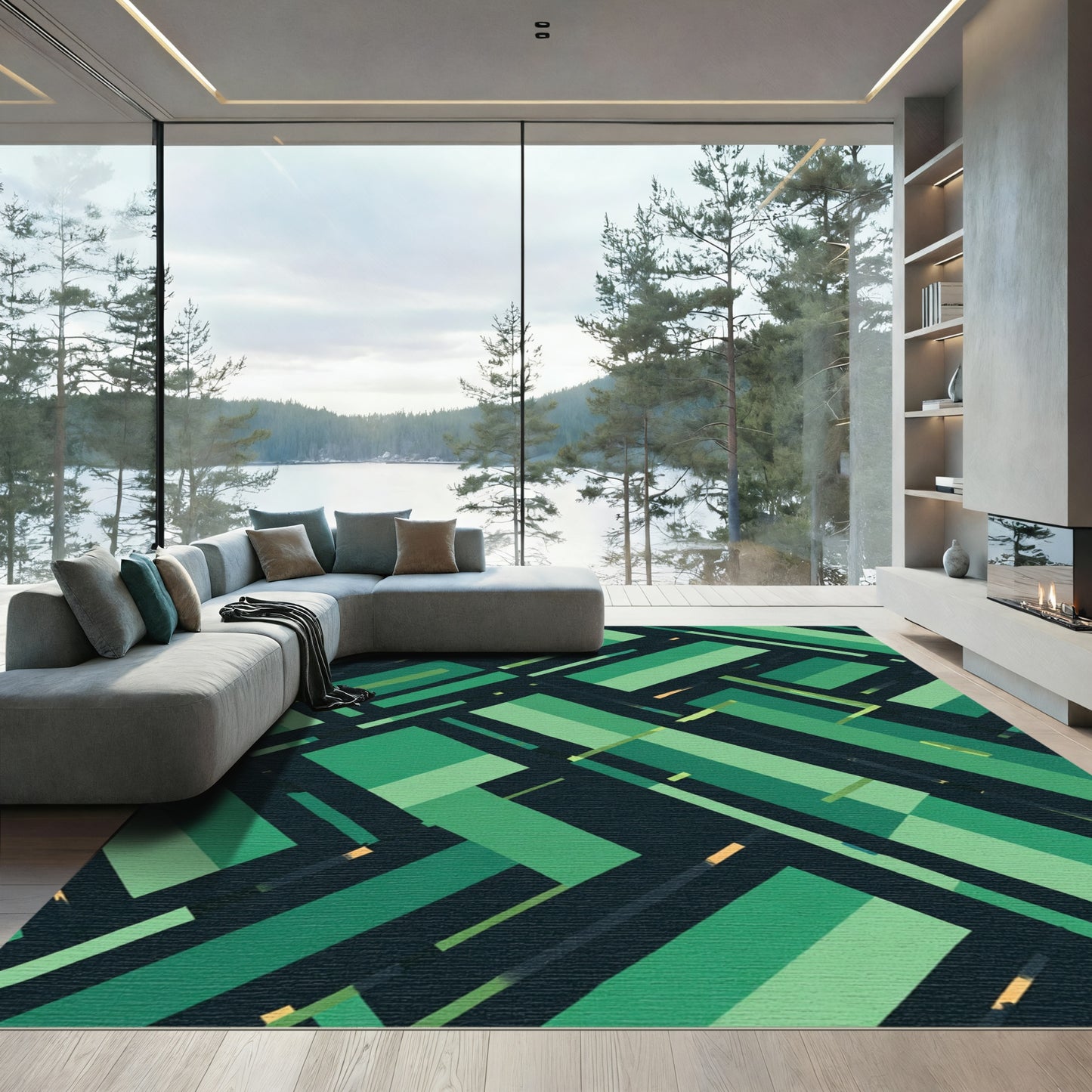 Modern Emerald Geometric Blocks Rug