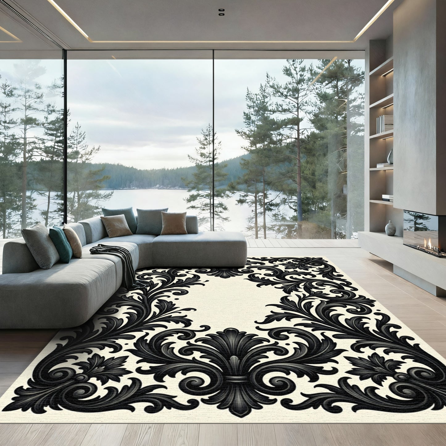 Black Scrollwork Fleur-de-lis Border Rug