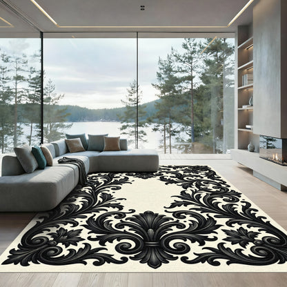 Black Scrollwork Fleur-de-lis Border Rug