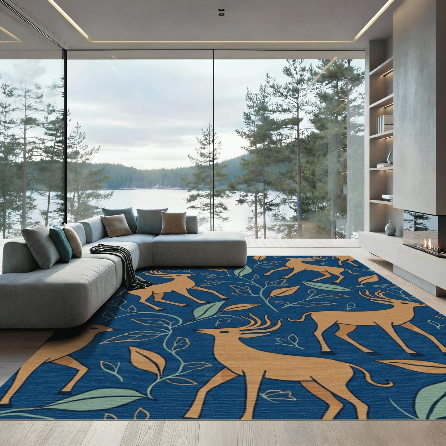 Amber Deer Woodland Forest Blue Rug