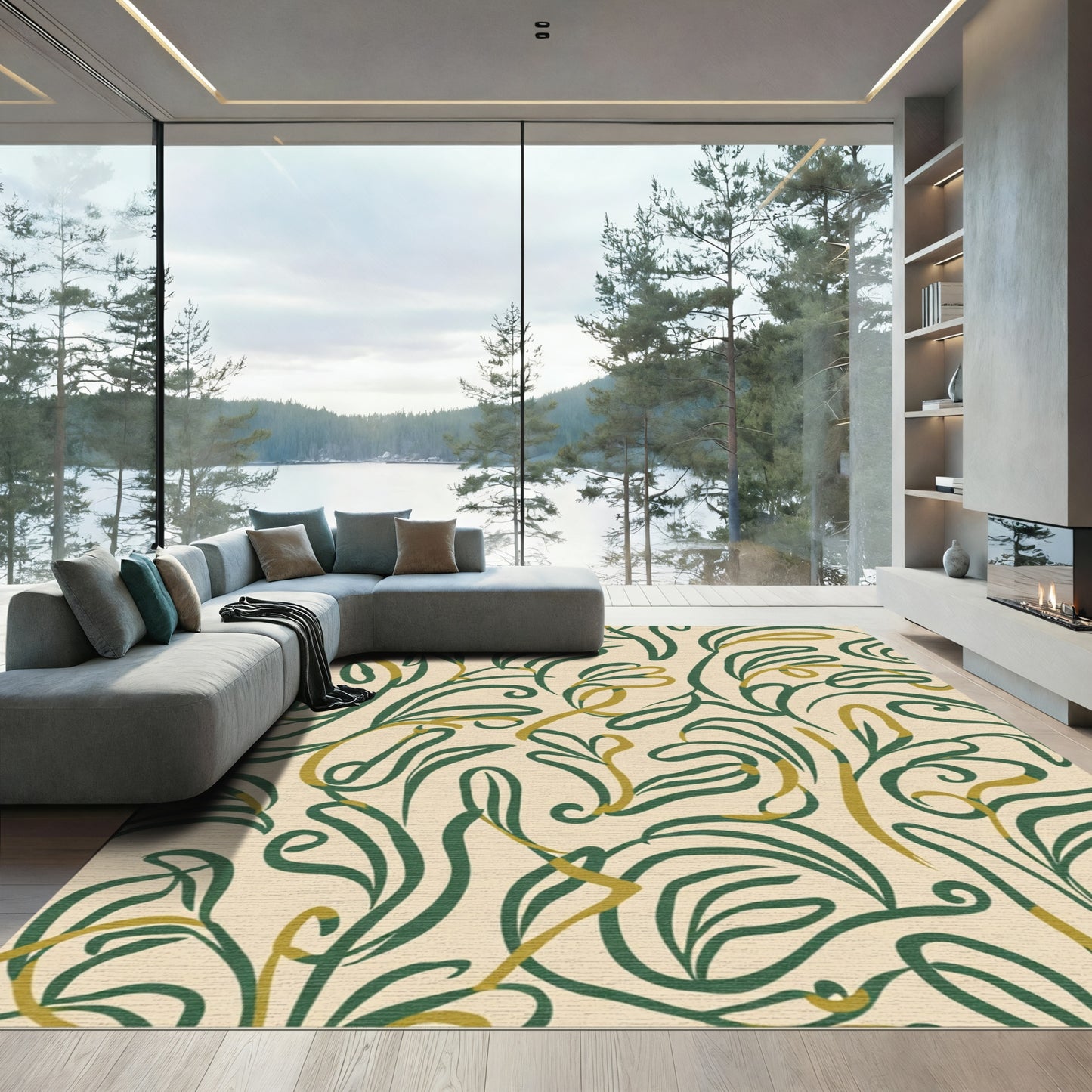 Green and Gold Swirling Botanical Leaves Rug