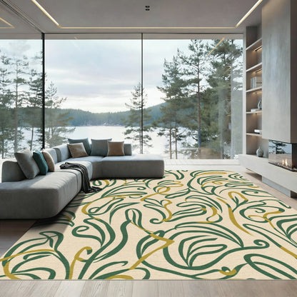Green and Gold Swirling Botanical Leaves Rug