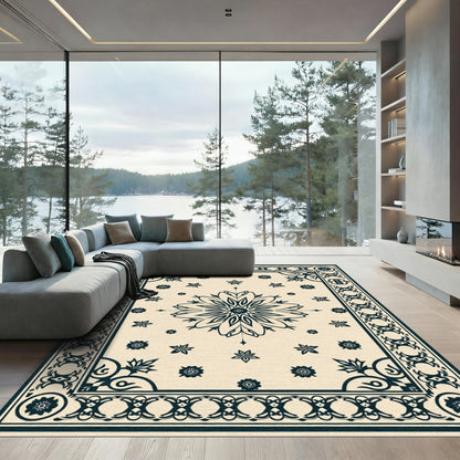 Cream Dark Blue Floral Medallion Border Rug