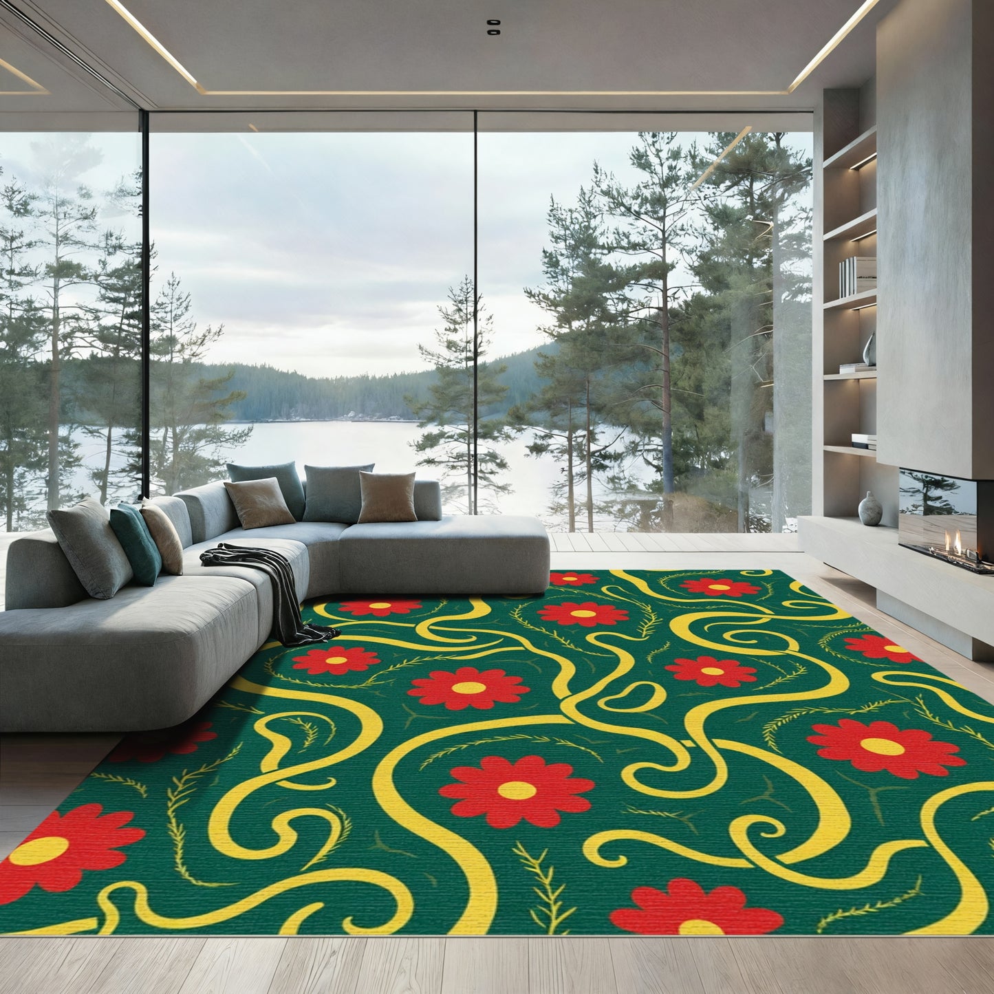 Red Yellow Floral Scroll Rug