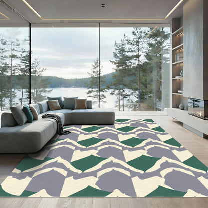 Green Gray Cream Jagged Mountain Landscape Rug