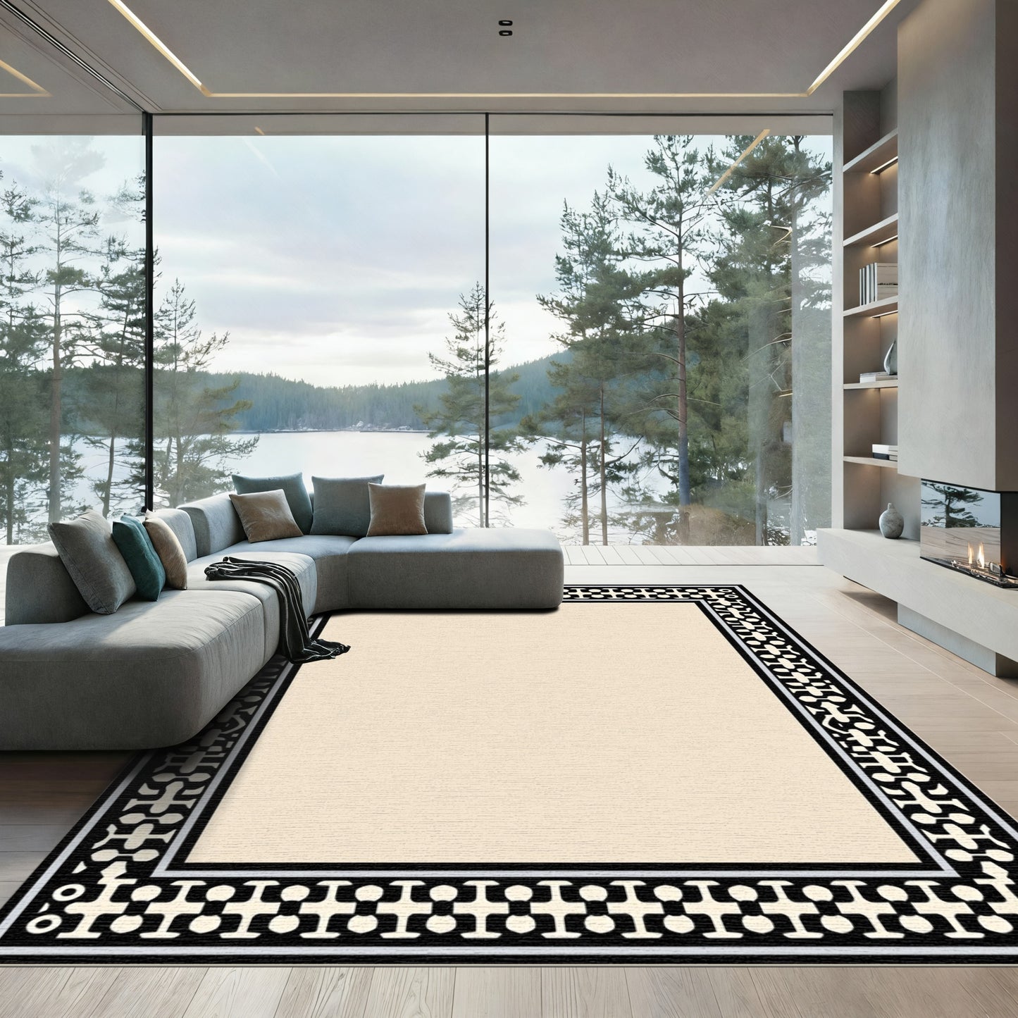 Geometric Black Ivory Medallion Border Rug