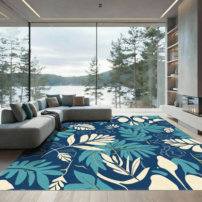 Deep Blue Tropical Foliage Arrangement Rug