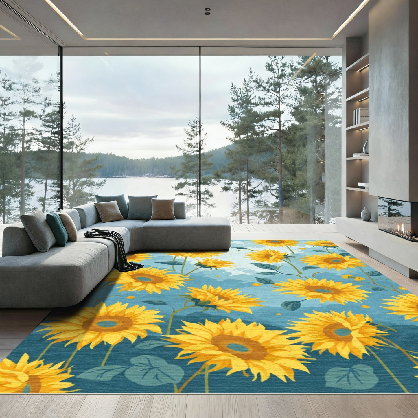 Yellow Sunflower Garden On Blue Sky Rug