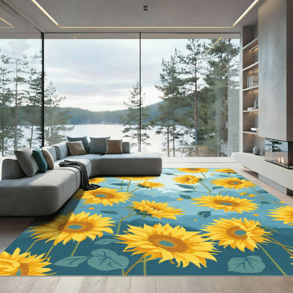 Yellow Sunflower Garden On Blue Sky Rug