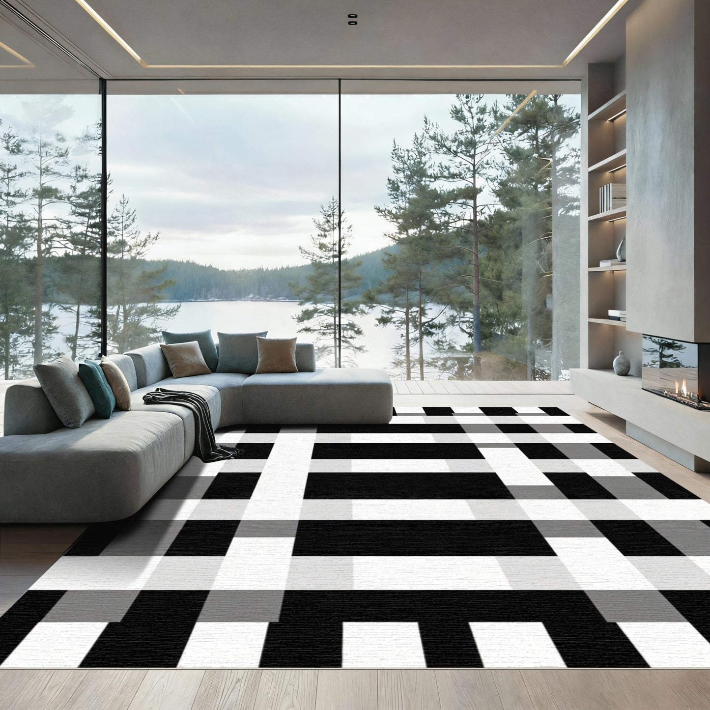 Gingham Texture Black White Rug