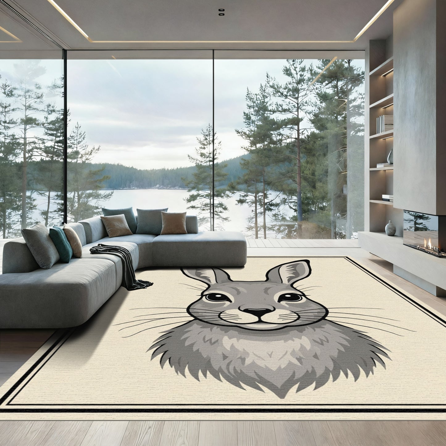 Whimsical Gray Hare Portrait Rug