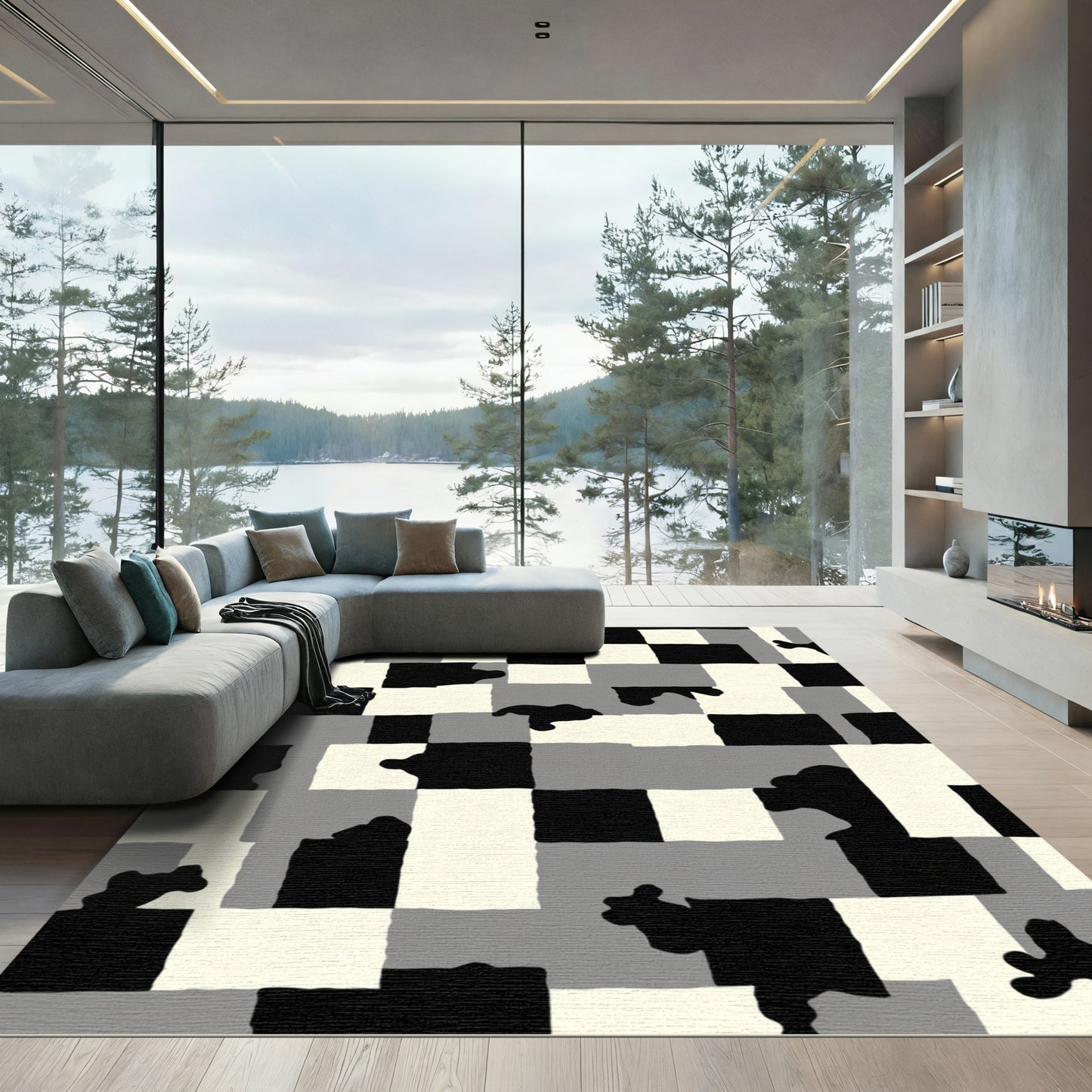 Black White Gray Blocky Shapes Rug
