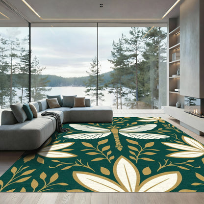 Emerald Golden Dragonfly Floral Medallion Rug