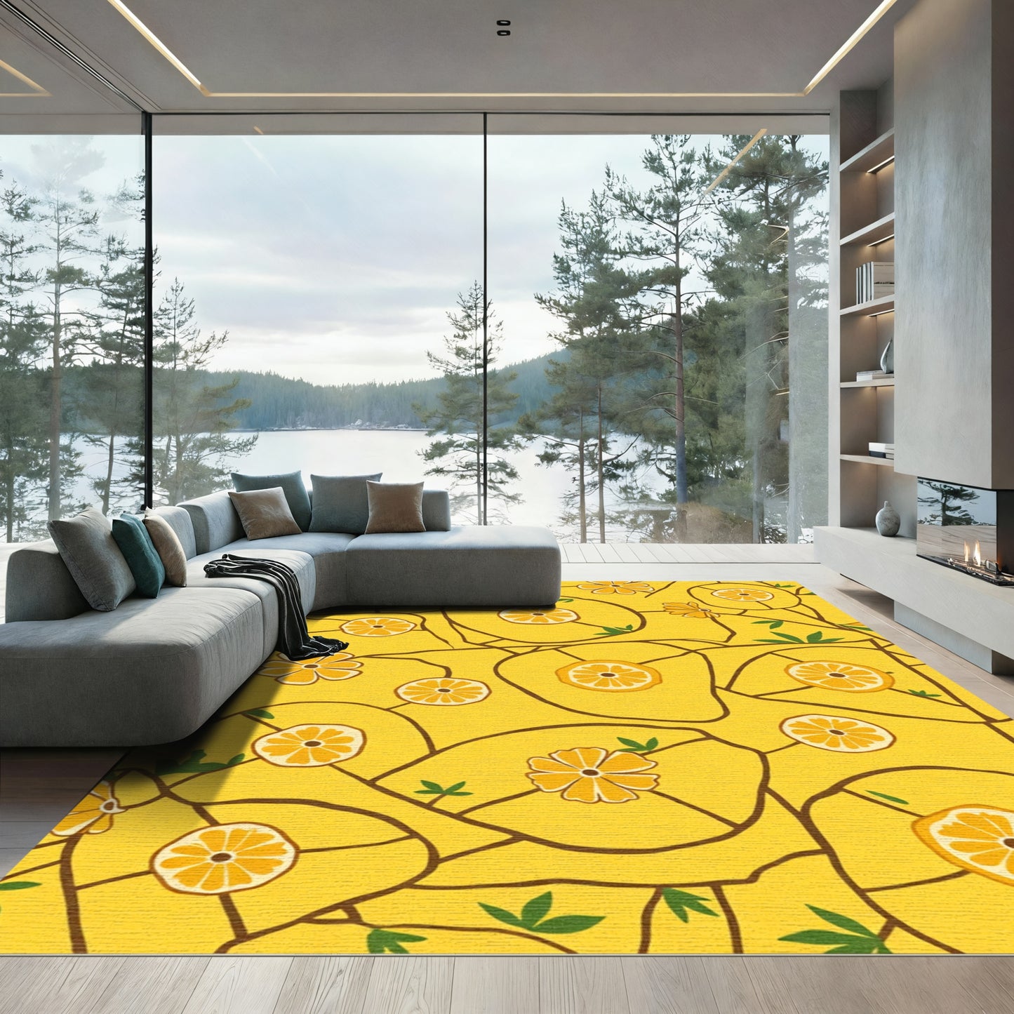 Sunny Yellow Citrus Floral Mosaic Rug