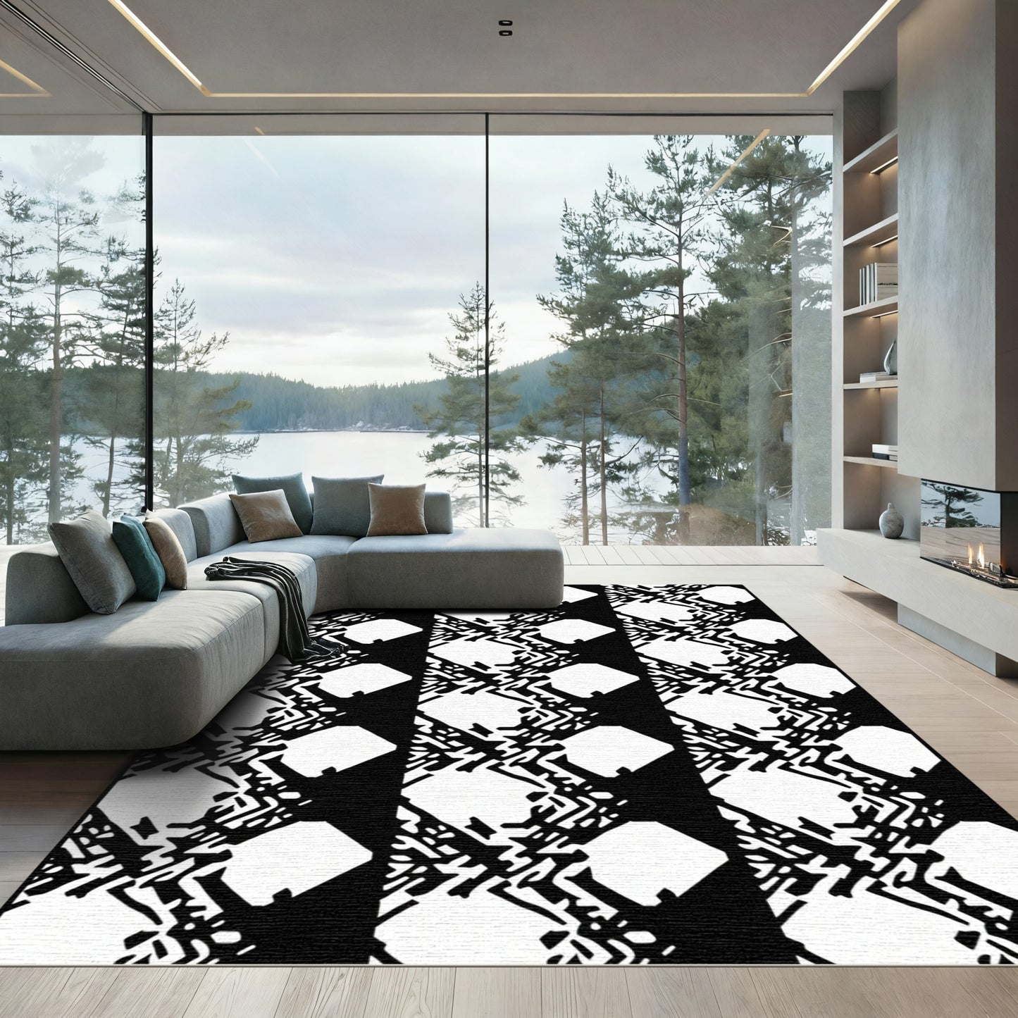 Black White Jagged Diamond Overlay Rug