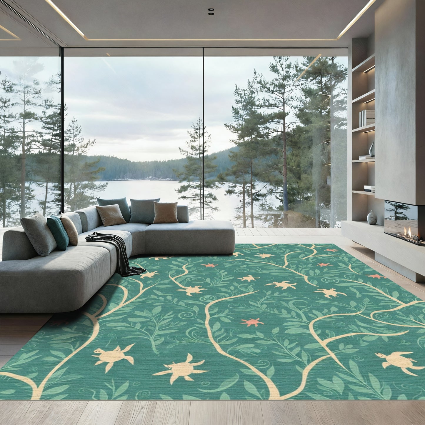 Teal Coral Turtle Botanical Charm Rug