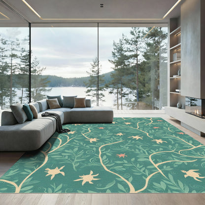 Teal Coral Turtle Botanical Charm Rug