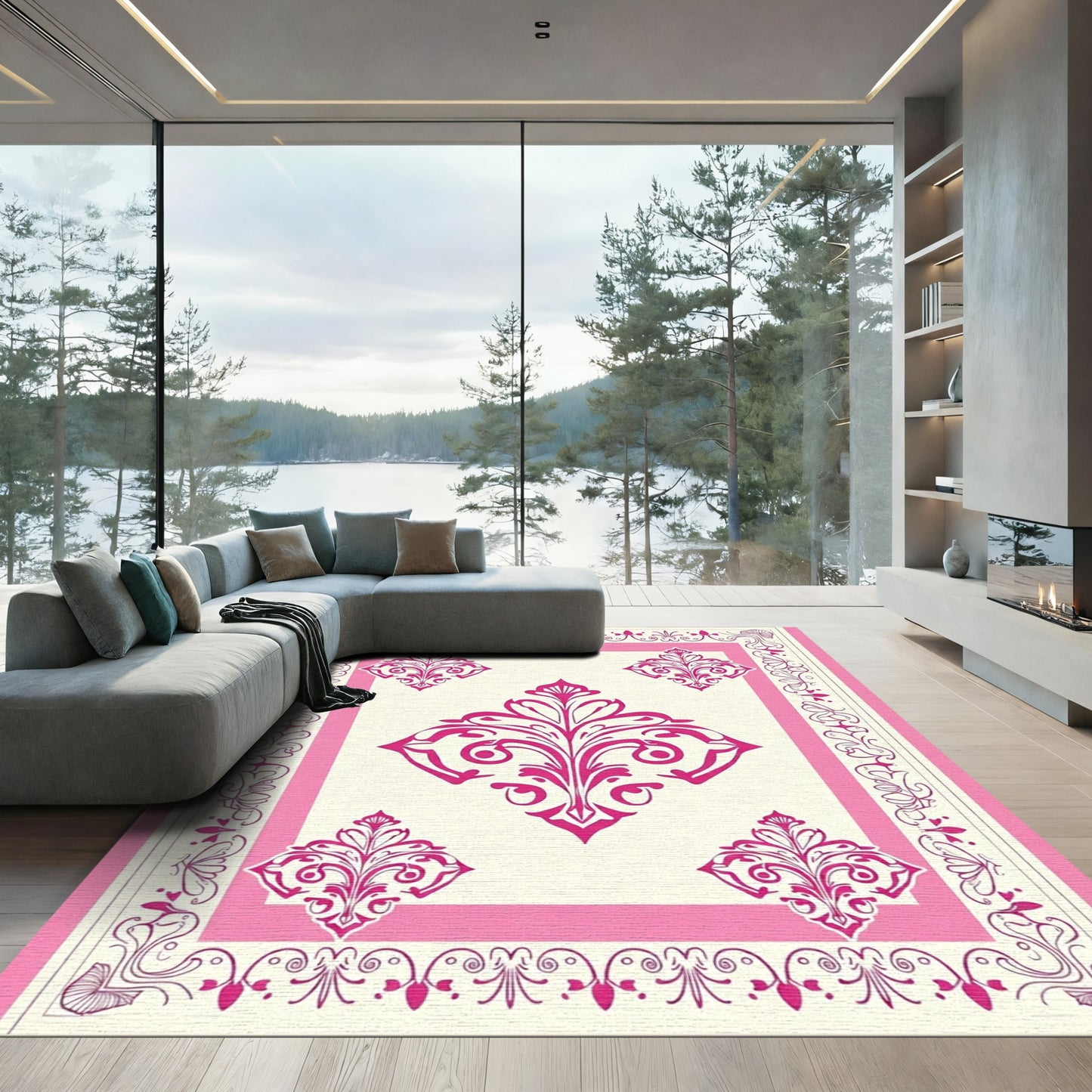 Pink Baroque Floral Medallion Rug