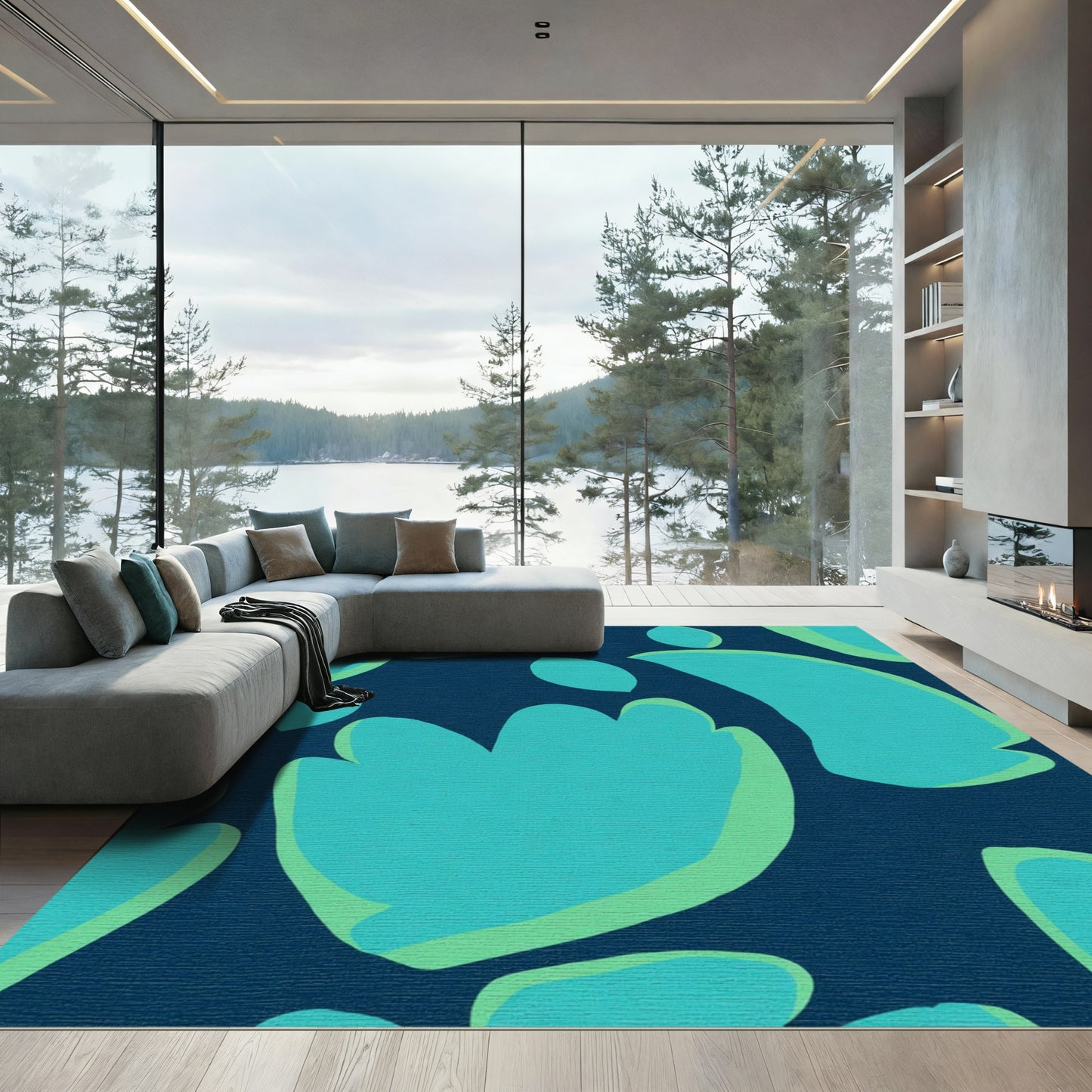 Teal Organic Shapes Navy Rug