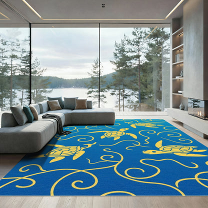 Yellow Sea Turtle Swirl Blue Ocean Rug