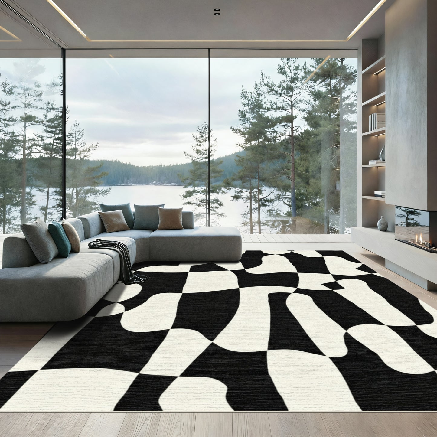 Organic Checkerboard Black Cream Abstract Rug