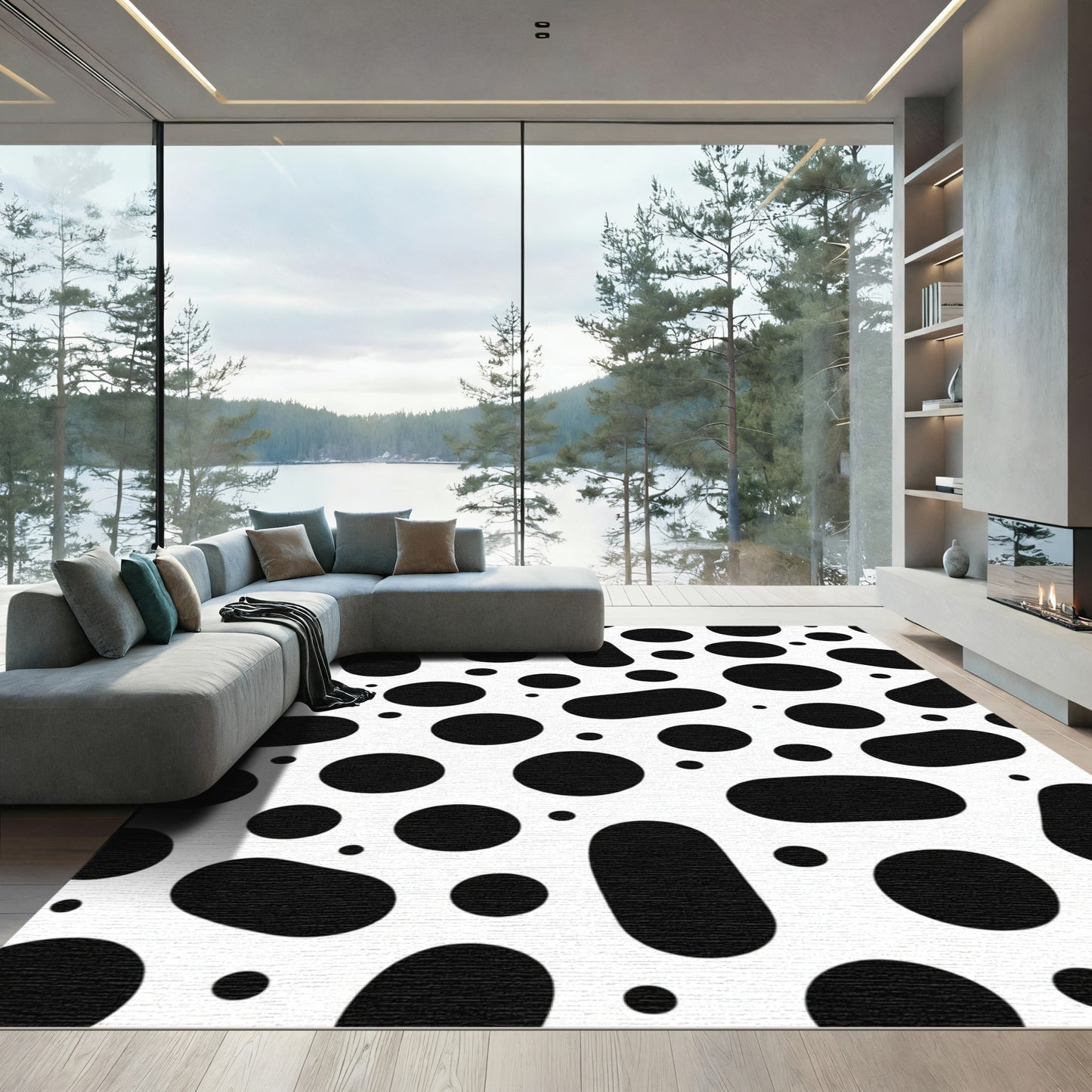 Black White Spot Scatter Oval Rug