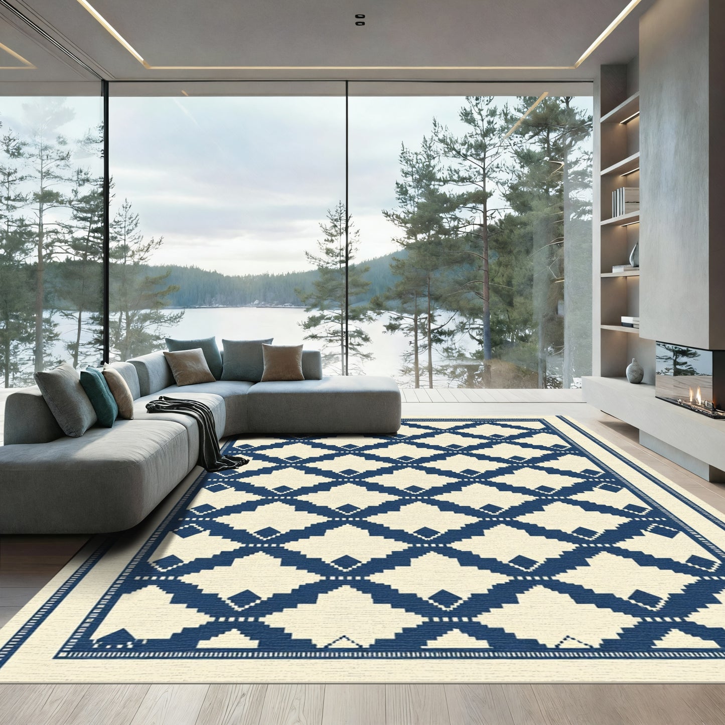Navy Cream Diamond Lattice Rug