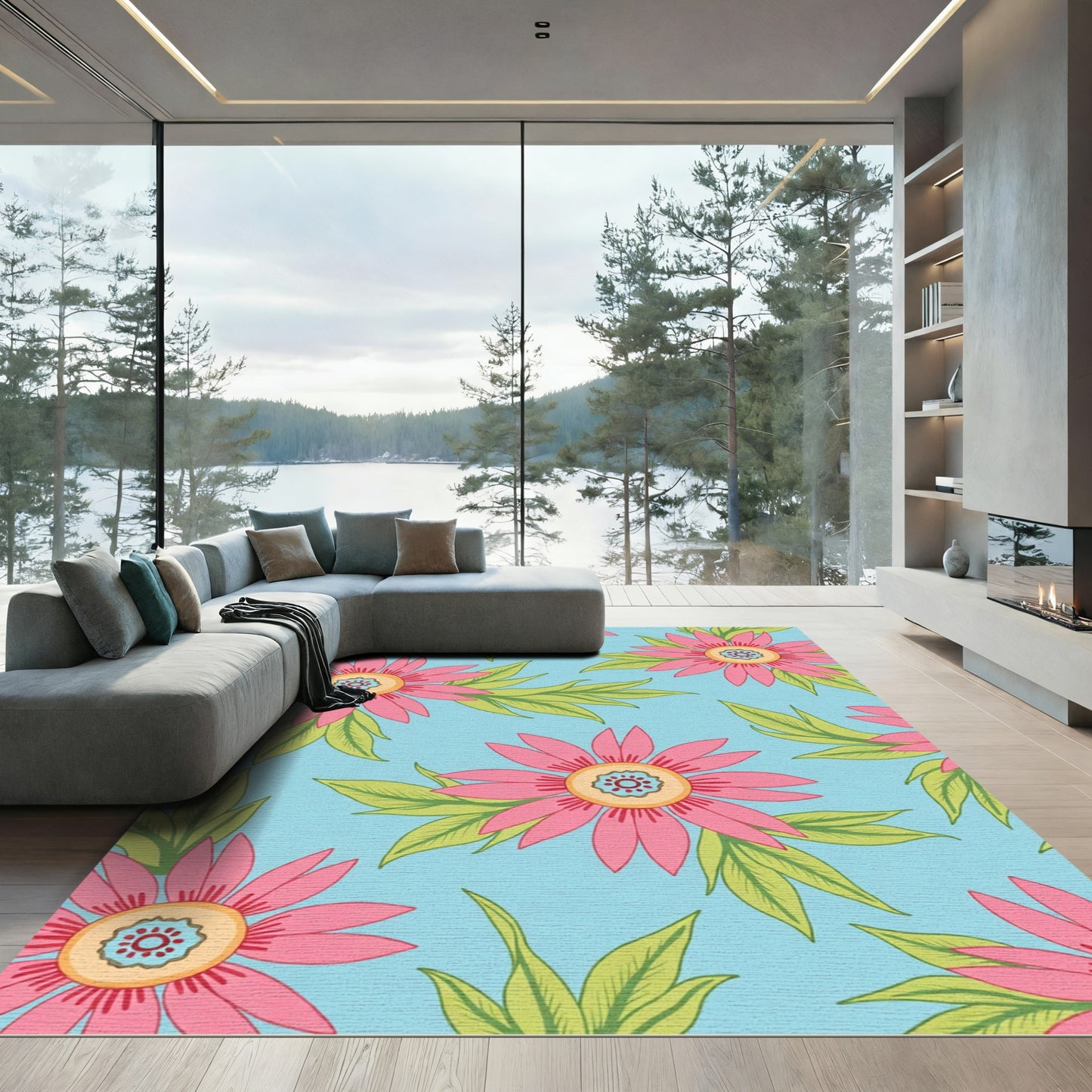 Blossom Bloom Pink Aquamarine Rug