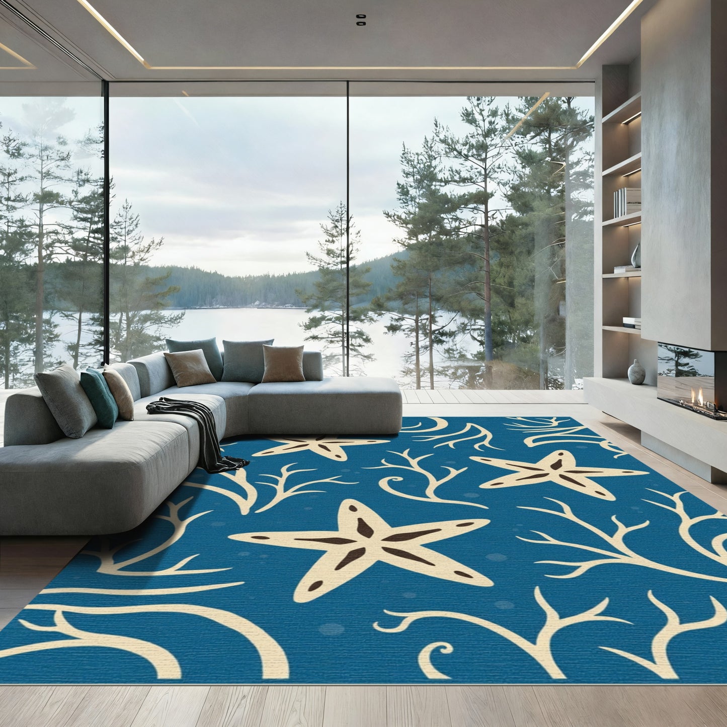 Deep Blue Starfish Coral Pattern Rug
