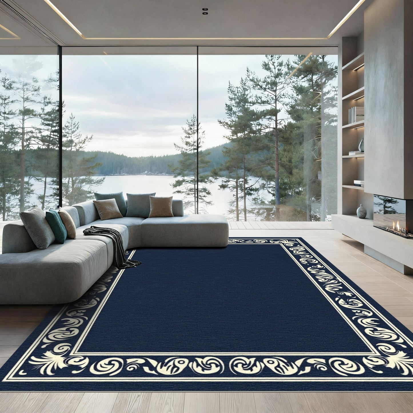 Dark Blue Traditional Floral Border Rug