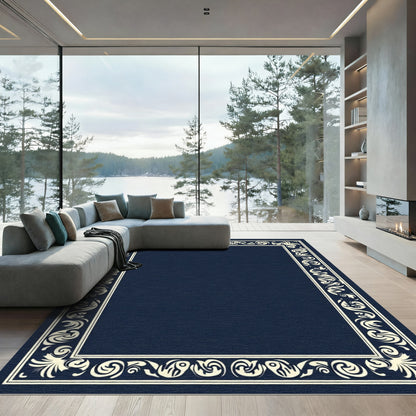 Dark Blue Traditional Floral Border Rug
