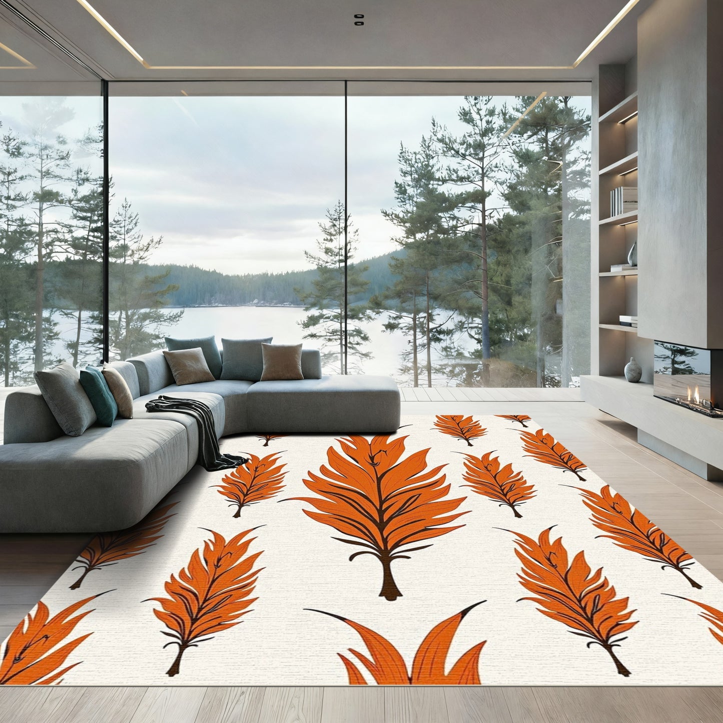 Orange Feathered Flora Repeating Composition Rug