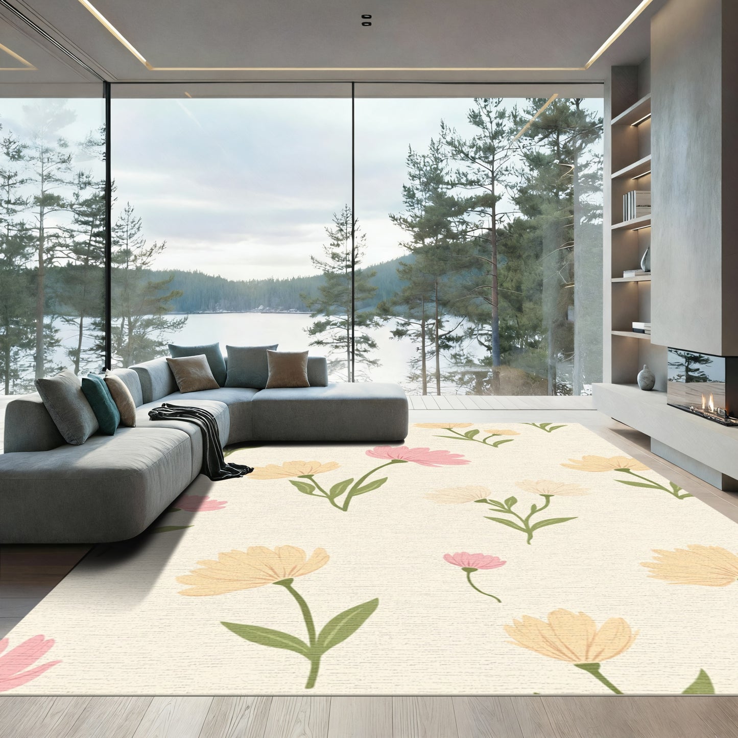 Delicate Garden Floral Pink Yellow Rug
